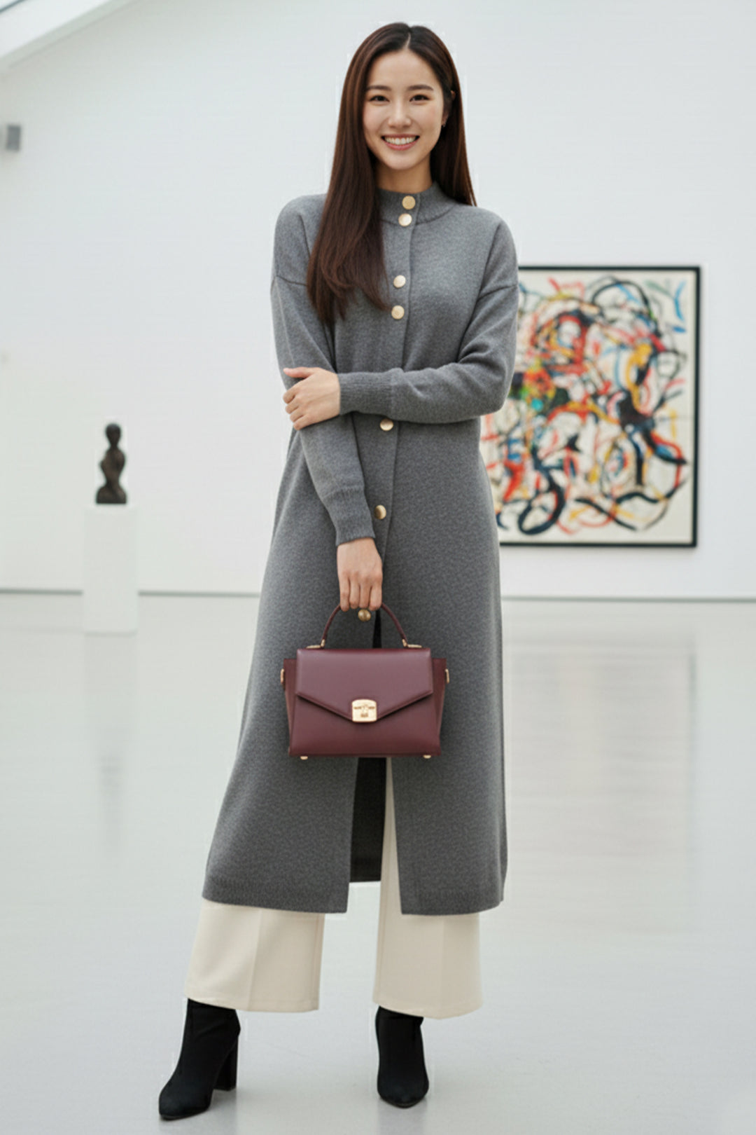 BNG Women Düğmeli Uzun Triko Hırka R4413 Antrasit - Suresnes