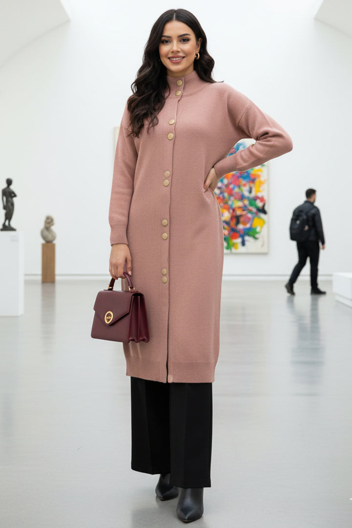 BNG Women Düğmeli Uzun Triko Hırka R4413 Gül Kurusu - Herten