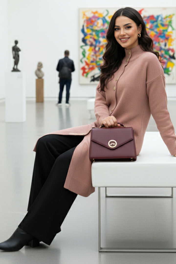 BNG Women Düğmeli Uzun Triko Hırka R4413 Gül Kurusu - Herten