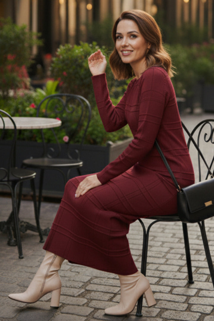 BNG Women Desenli Uzun Triko Elbise R7148 Bordo - Lacey