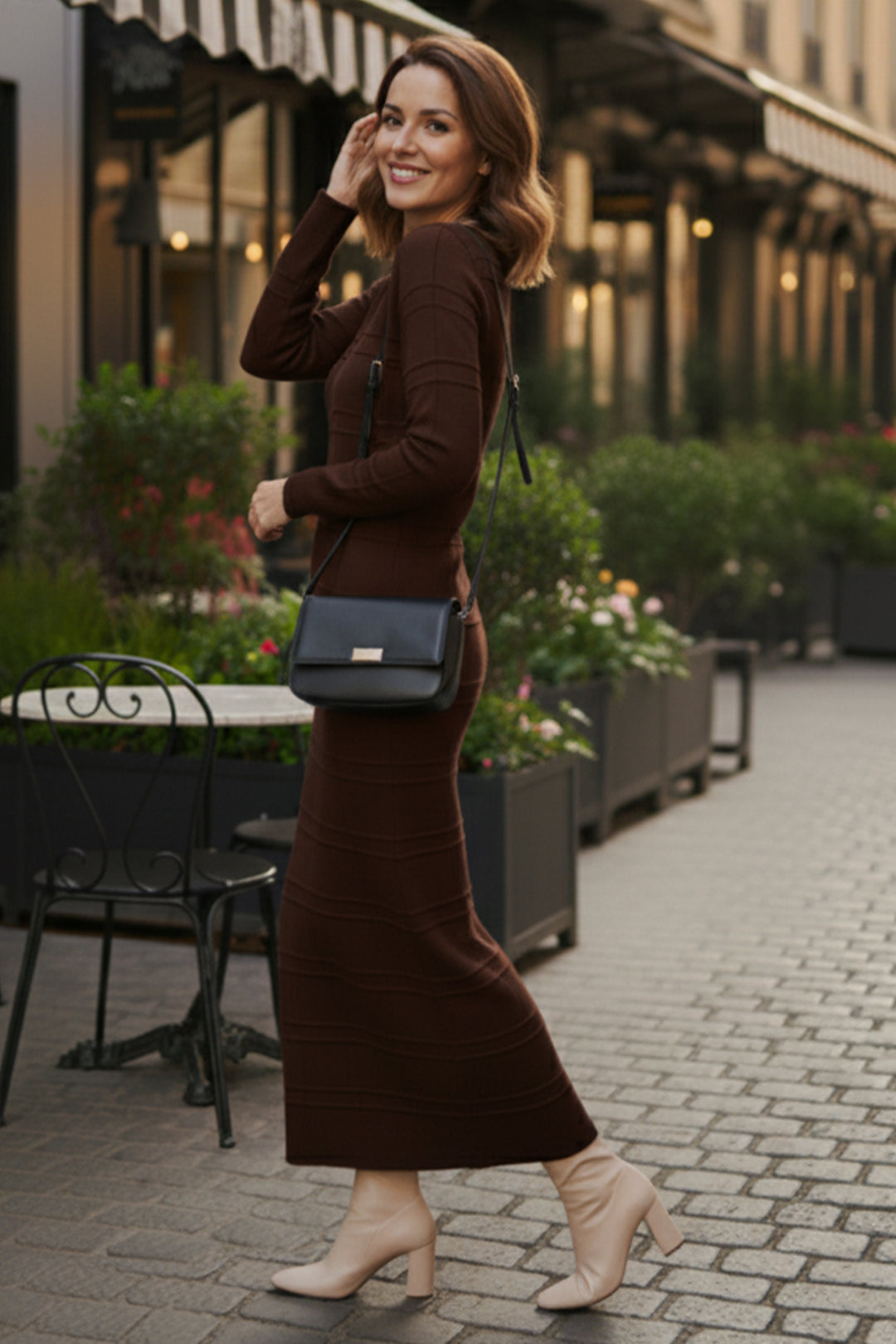 BNG Women Patterned Long Knit Dress R7148 Brown - Halesowen