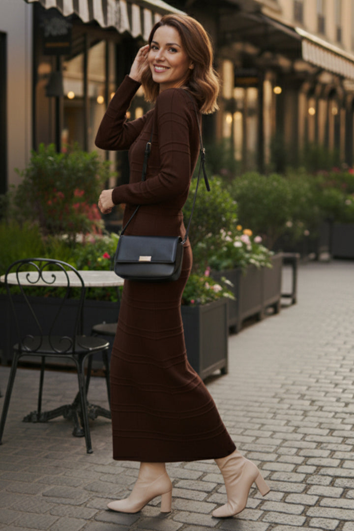 BNG Women Patterned Long Knit Dress R7148 Brown - Halesowen