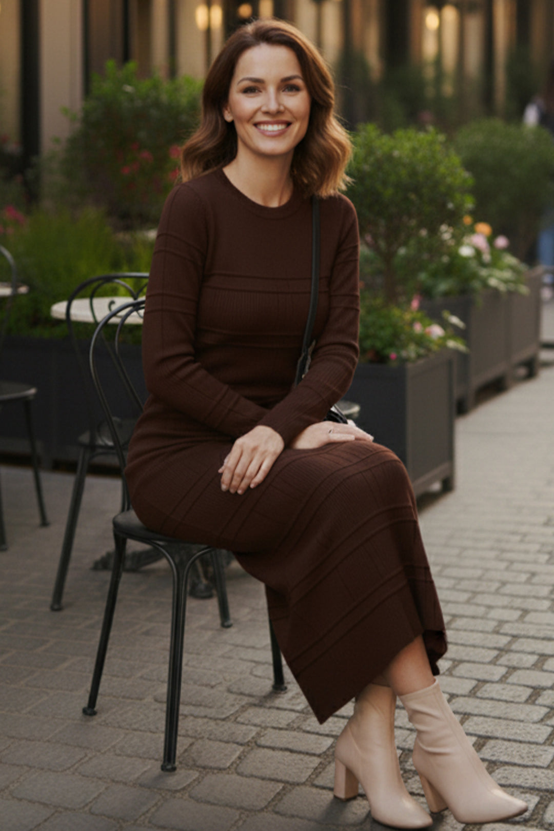 BNG Women Patterned Long Knit Dress R7148 Brown - Halesowen