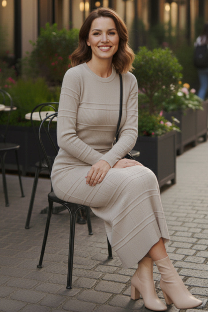 BNG Women Patterned Long Knit Dress R7148 Stone Color - Teramo