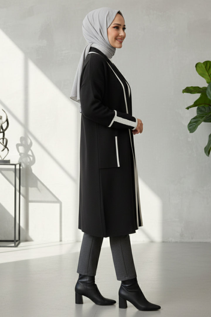 BNG Women Cepli Uzun Triko Hırka R7065 Siyah - Tiraspol