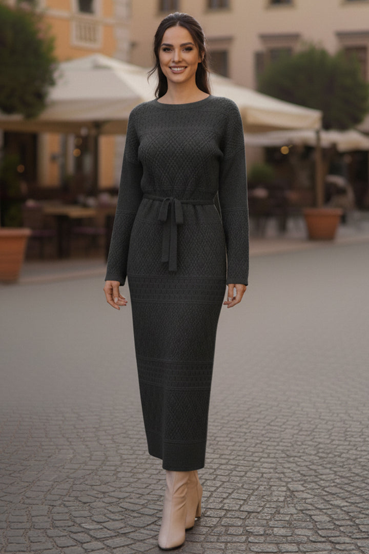 BNG Women Baklava Patterned Mesh Knit Dress R4454 Anthracite - Thonon-les-Bains