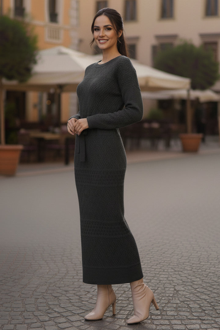 BNG Women Baklava Patterned Mesh Knit Dress R4454 Anthracite - Thonon-les-Bains