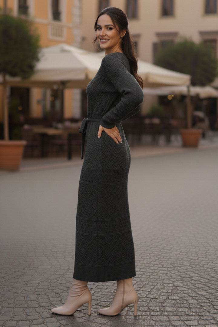 BNG Women Baklava Patterned Mesh Knit Dress R4454 Anthracite - Thonon-les-Bains