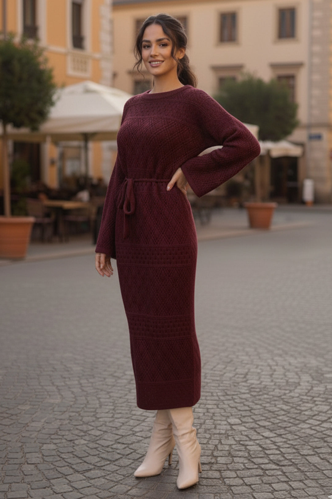BNG Women Baklava Patterned Mesh Knit Dress R4454 Burgundy - Vénissieux