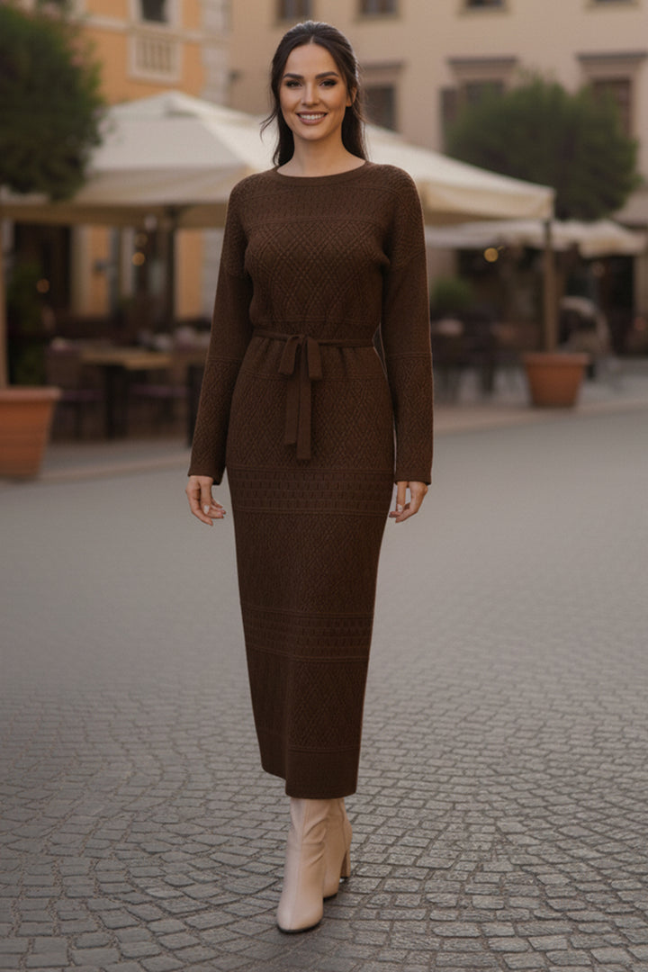 BNG Women Baklava Patterned Mesh Knit Dress R4454 Brown - Park Ridge