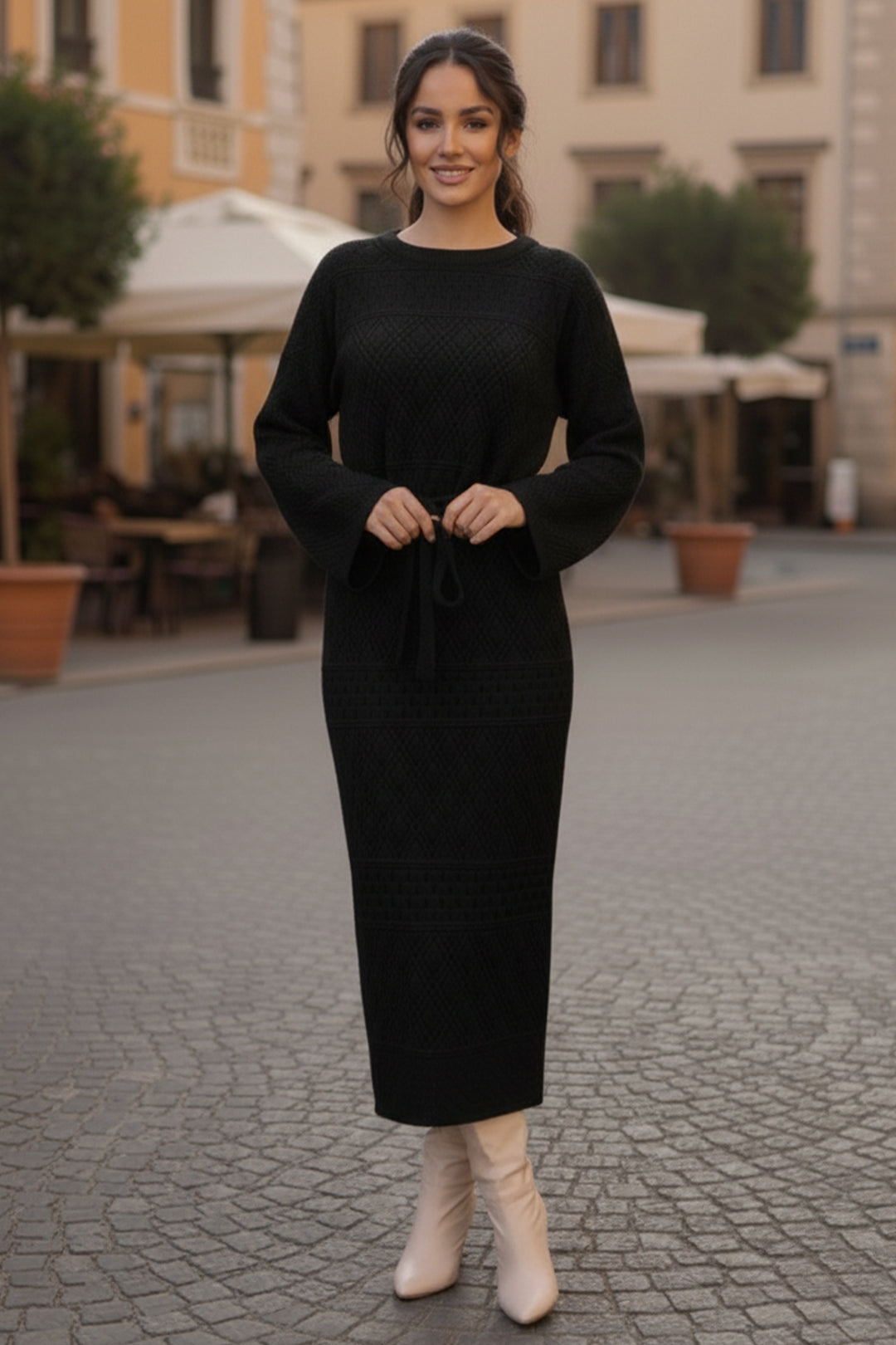 BNG Women Baklava Patterned Mesh Knit Dress R4454 Black - Burke