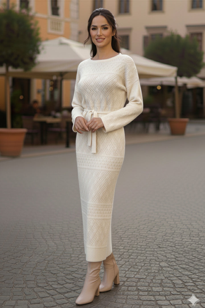 BNG Women Baklava Desenli Fileli Triko Elbise R4454 Taş Rengi - Carson