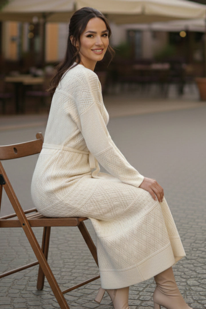BNG Women Baklava Desenli Fileli Triko Elbise R4454 Taş Rengi - Carson