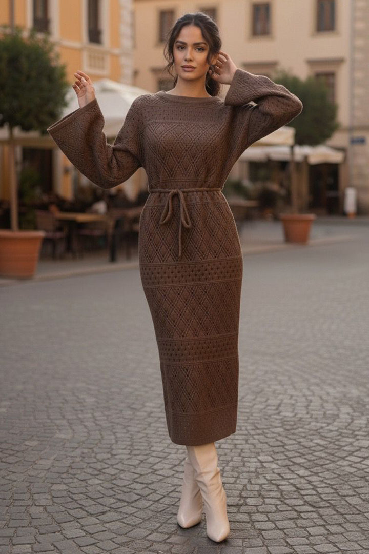 BNG Women Baklava Patterned Mesh Knit Dress R4454 Mink - La Mesa