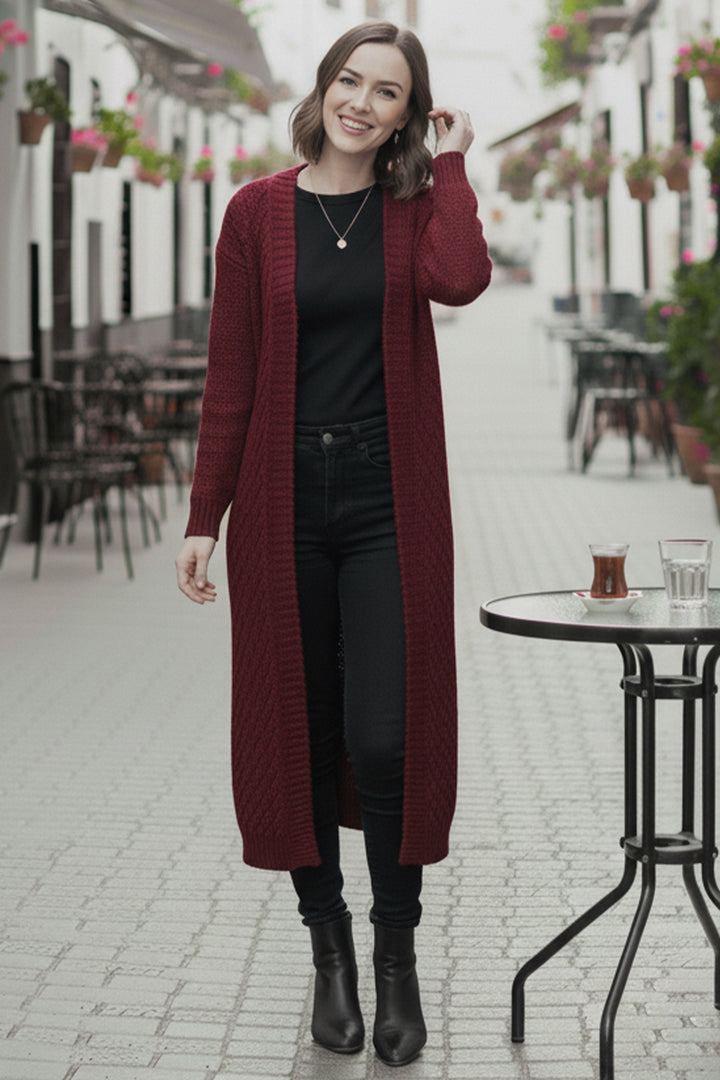 BNG Women Örgü Desenli Uzun Triko Hırka R4251 Bordo - Simojovel de Allende