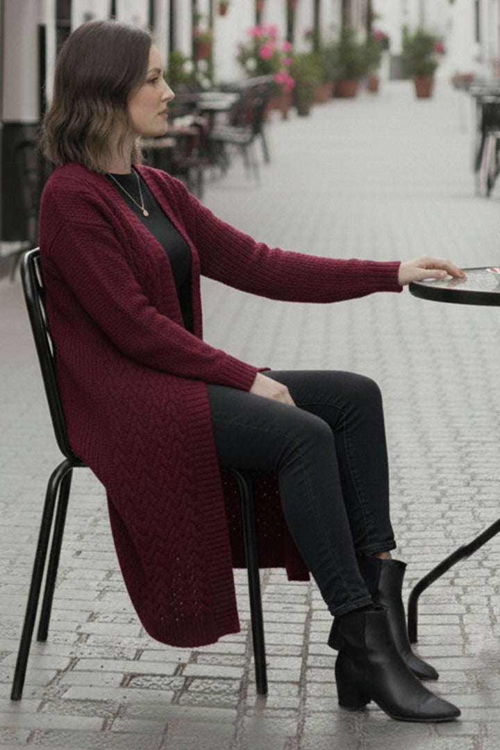 BNG Women Örgü Desenli Uzun Triko Hırka R4251 Bordo - Simojovel de Allende