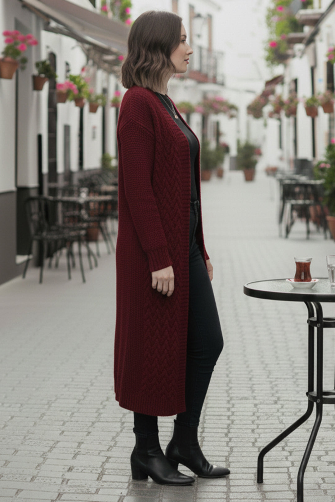 BNG Women Örgü Desenli Uzun Triko Hırka R4251 Bordo - Simojovel de Allende