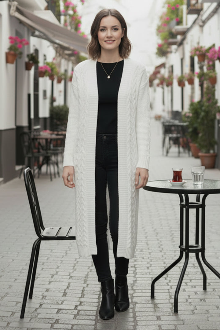 BNG Women Örgü Desenli Uzun Triko Hırka R4251 Ekru - Horad Zhodzina