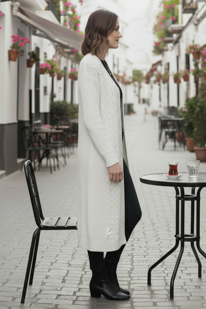 BNG Women Örgü Desenli Uzun Triko Hırka R4251 Ekru - Horad Zhodzina