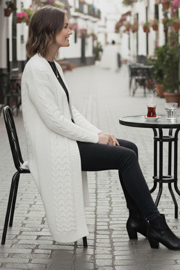 BNG Women Örgü Desenli Uzun Triko Hırka R4251 Ekru - Horad Zhodzina