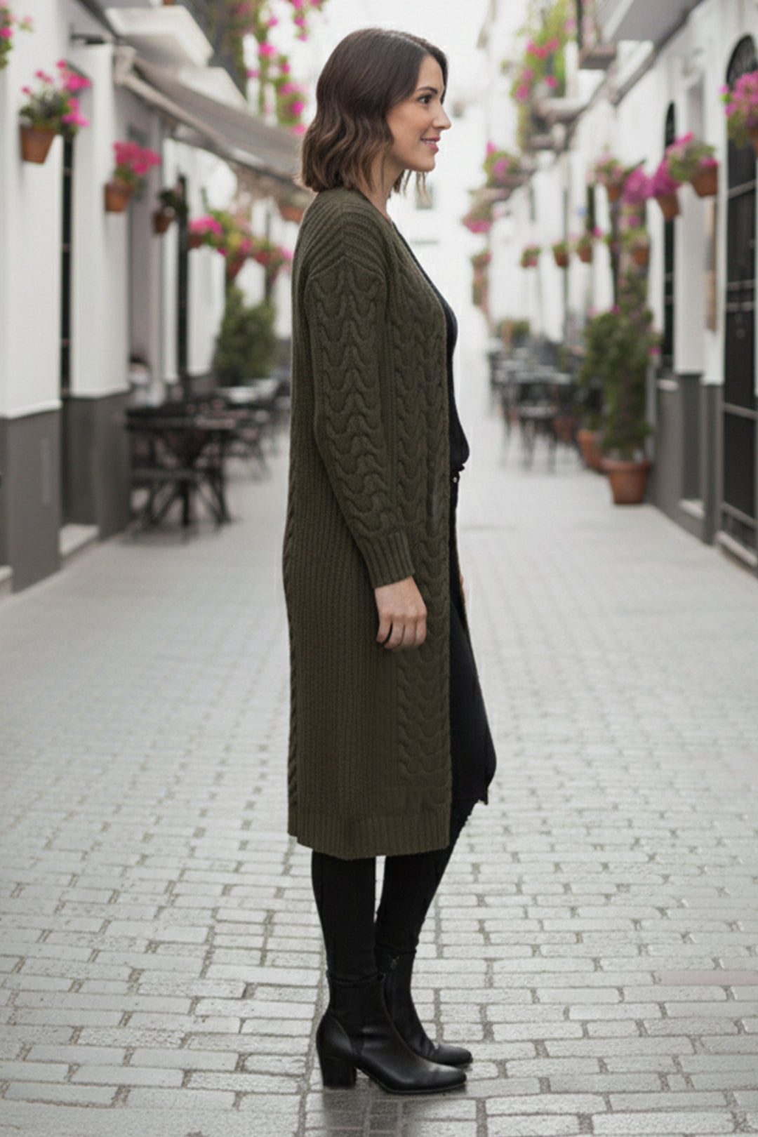 BNG Women Knitted Pattern Long Cardigan R4251 Khaki - Watford