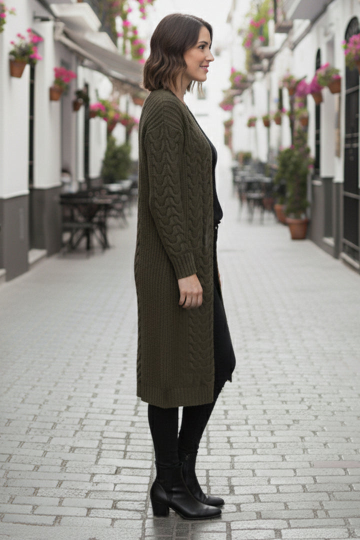 BNG Women Knitted Pattern Long Cardigan R4251 Khaki - Watford