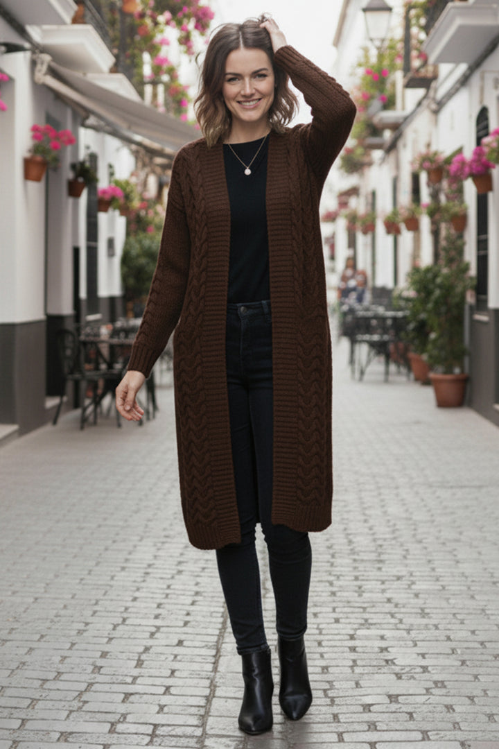 BNG Women Örgü Desenli Uzun Triko Hırka R4251 Kahverengi - Lugo