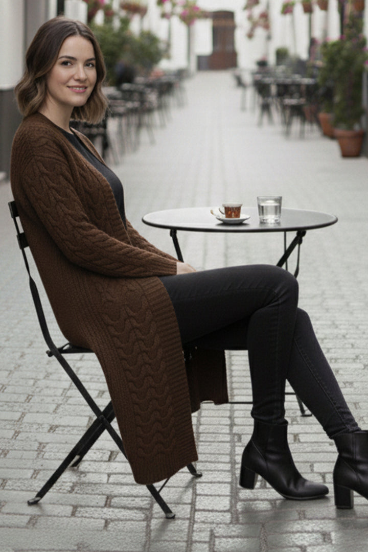 BNG Women Örgü Desenli Uzun Triko Hırka R4251 Kahverengi - Lugo