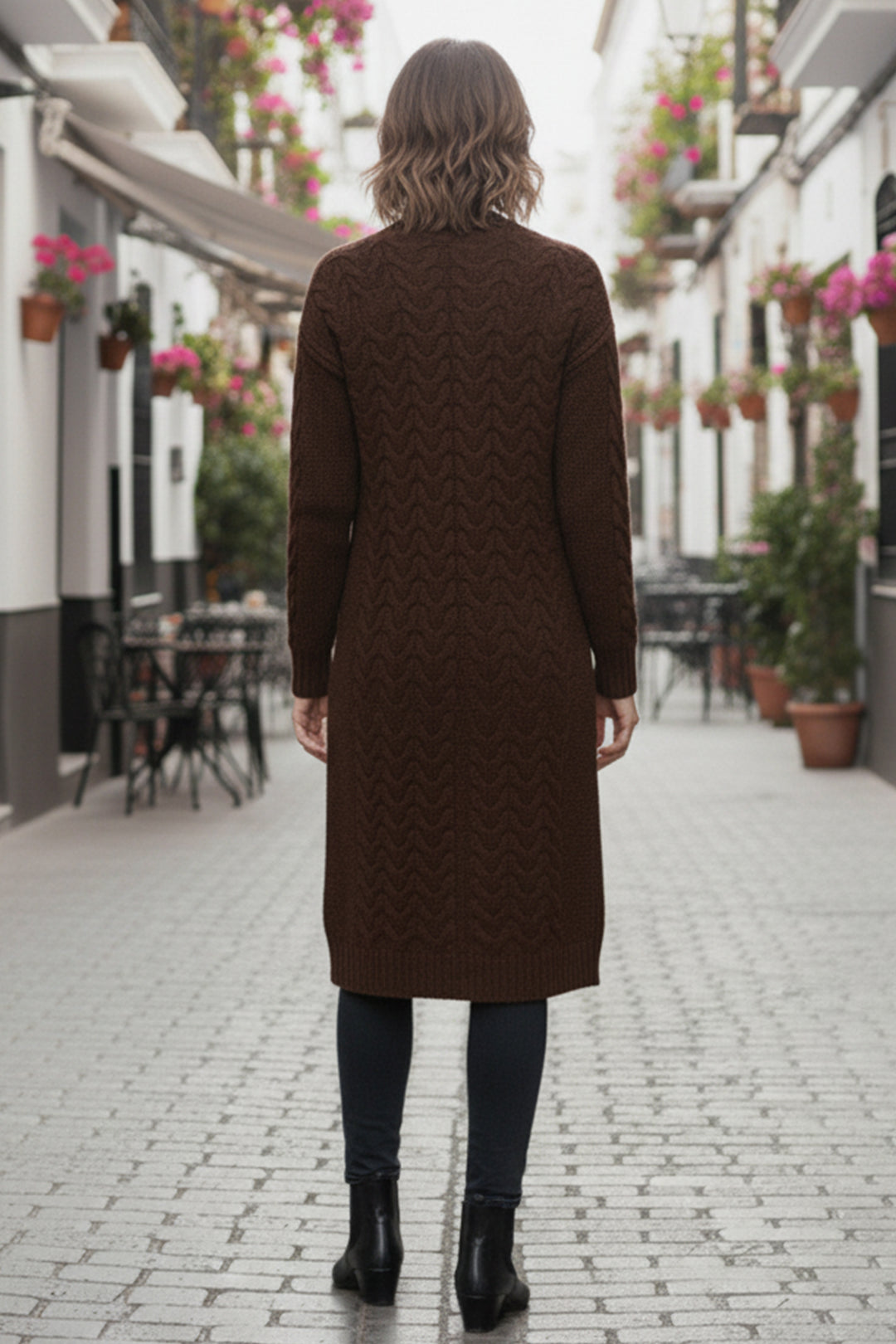 BNG Women Örgü Desenli Uzun Triko Hırka R4251 Kahverengi - Lugo