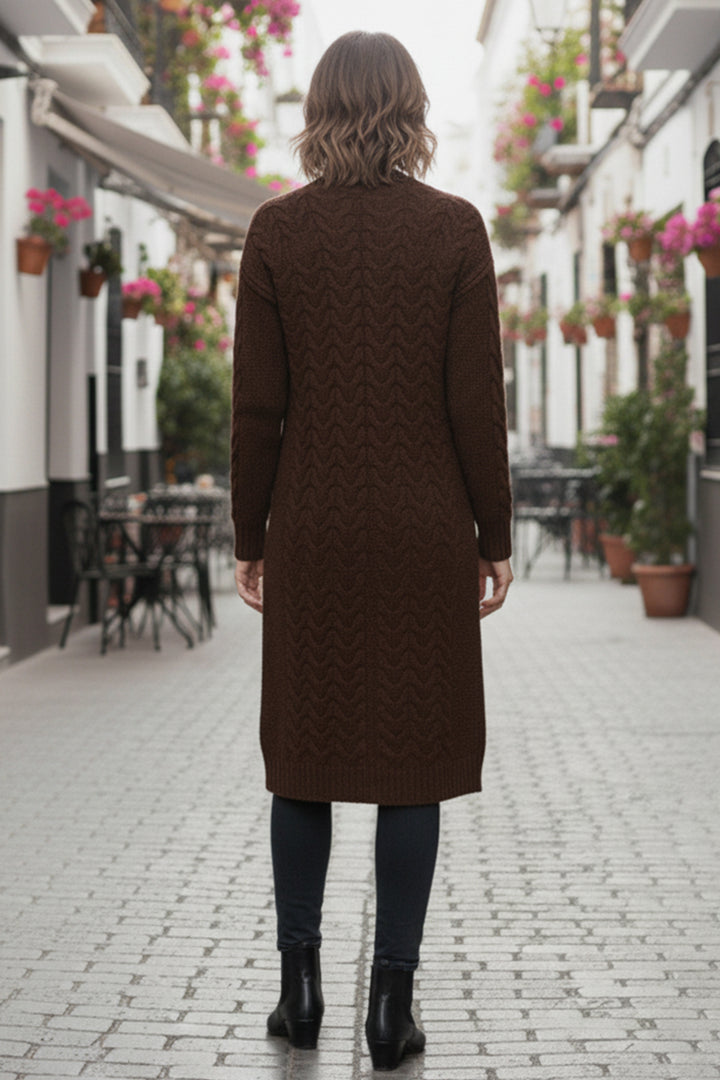 BNG Women Örgü Desenli Uzun Triko Hırka R4251 Kahverengi - Lugo