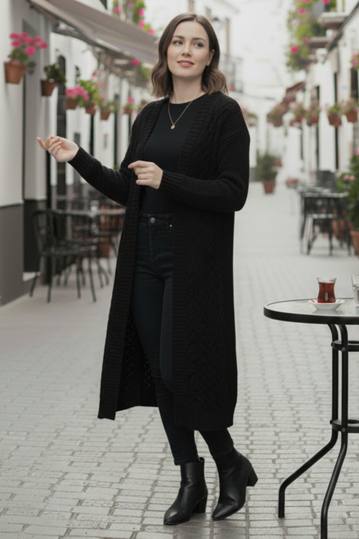 BNG Women Örgü Desenli Uzun Triko Hırka R4251 Siyah - Charleroi