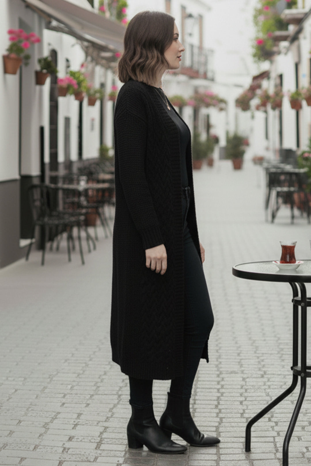 BNG Women Örgü Desenli Uzun Triko Hırka R4251 Siyah - Charleroi