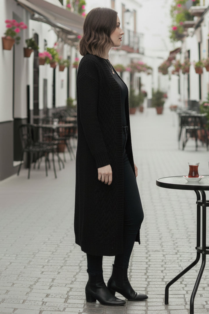 BNG Women Örgü Desenli Uzun Triko Hırka R4251 Siyah - Charleroi