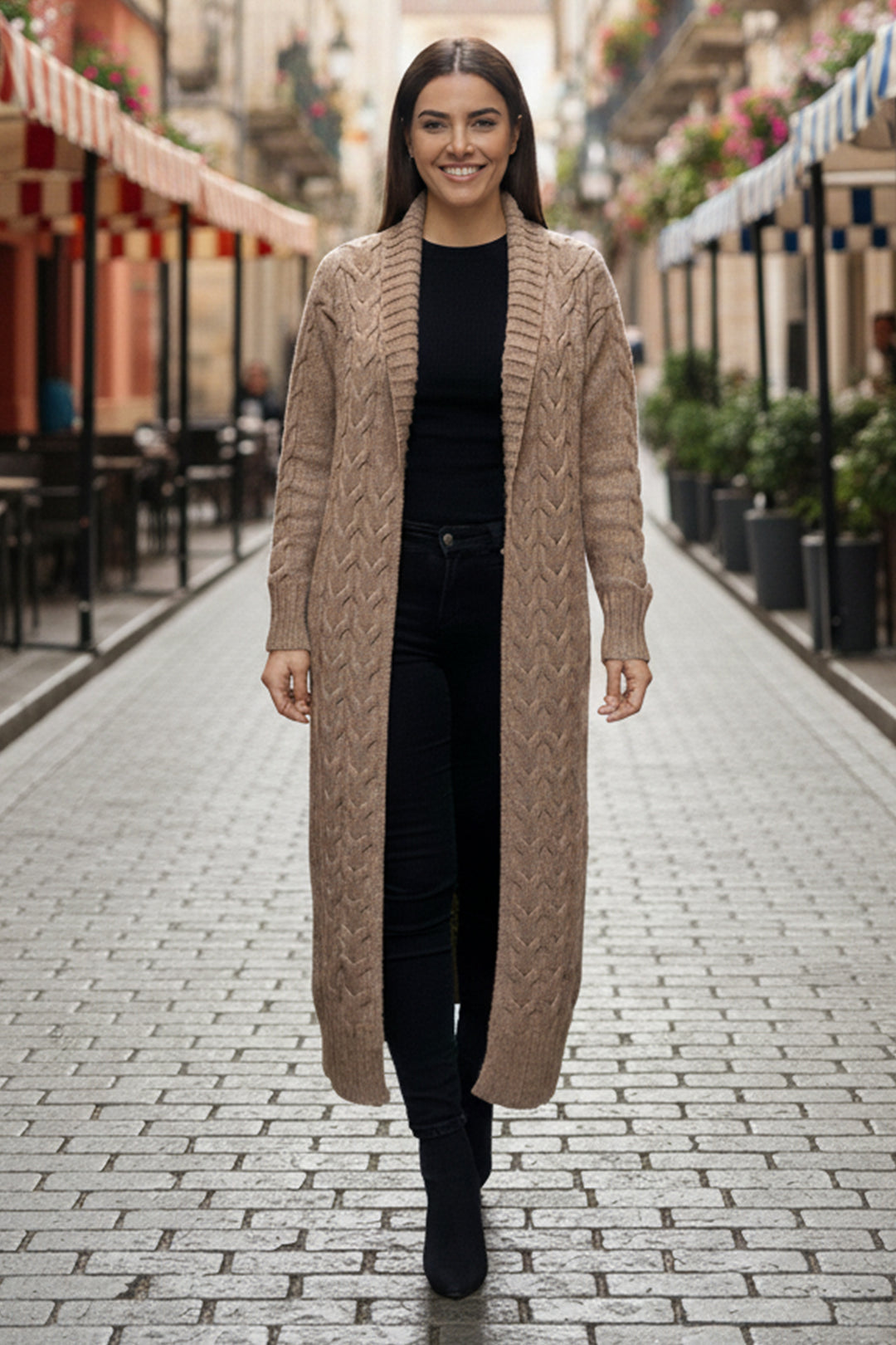 BNG Women Knitted Pattern Long Cardigan R4251 Mink - Enerhodar