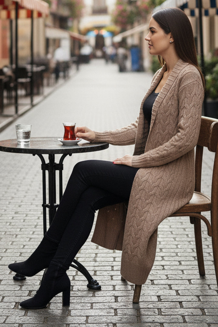 BNG Women Knitted Pattern Long Cardigan R4251 Mink - Enerhodar