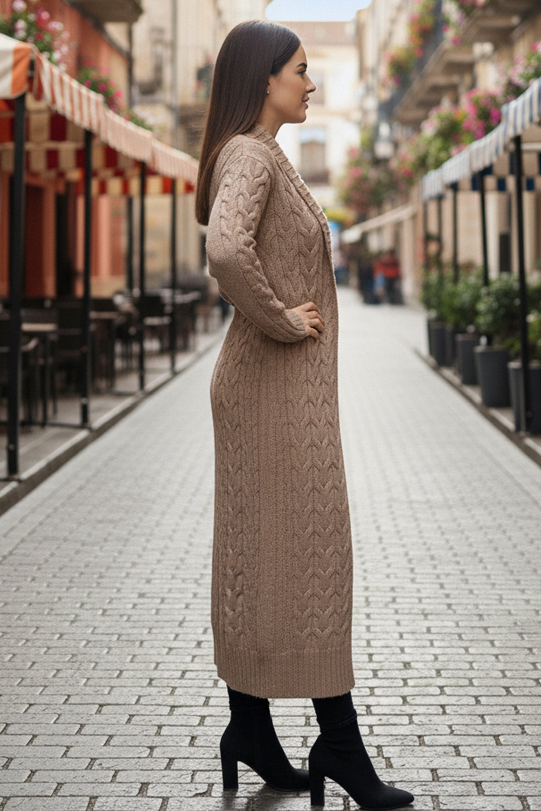 BNG Women Knitted Pattern Long Cardigan R4251 Mink - Enerhodar