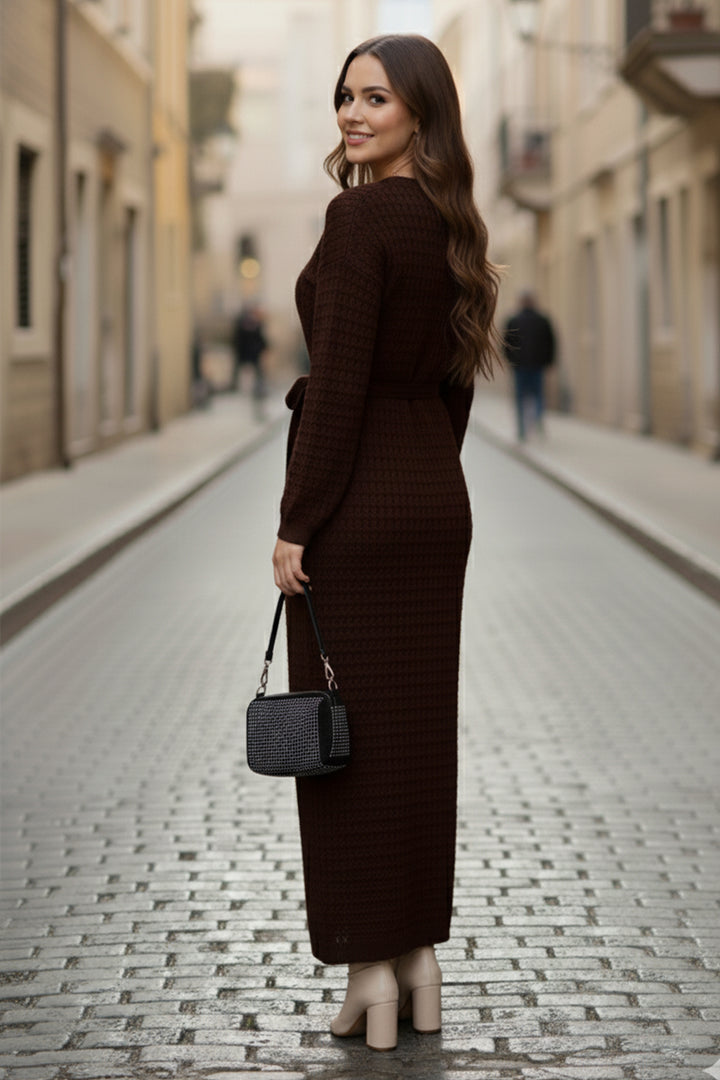 BNG Women Palmiye Fileli Triko Elbise R4448 Kahverengi - Jersey City