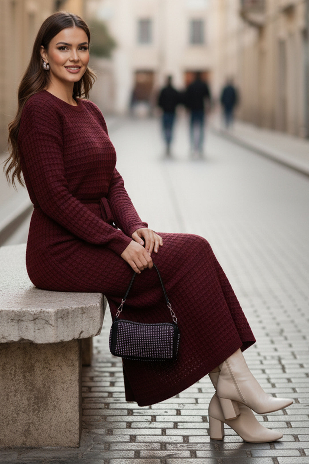 BNG Women Palmiye Fileli Triko Elbise R4448 Kırmızı - Piraeus