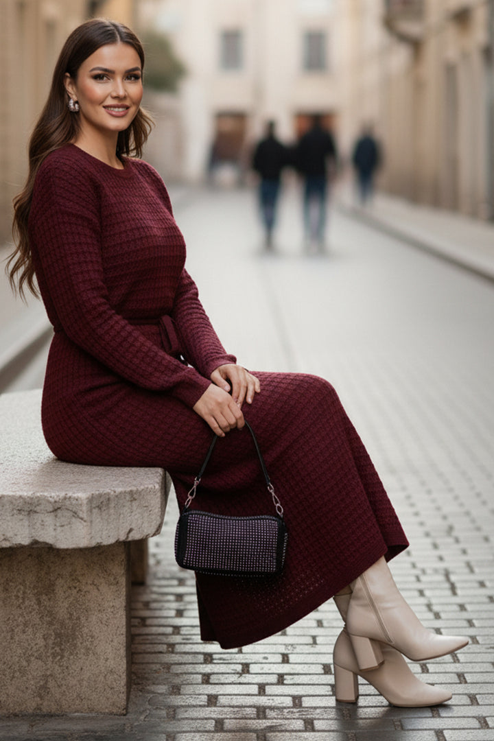 BNG Women Palmiye Fileli Triko Elbise R4448 Kırmızı - Piraeus