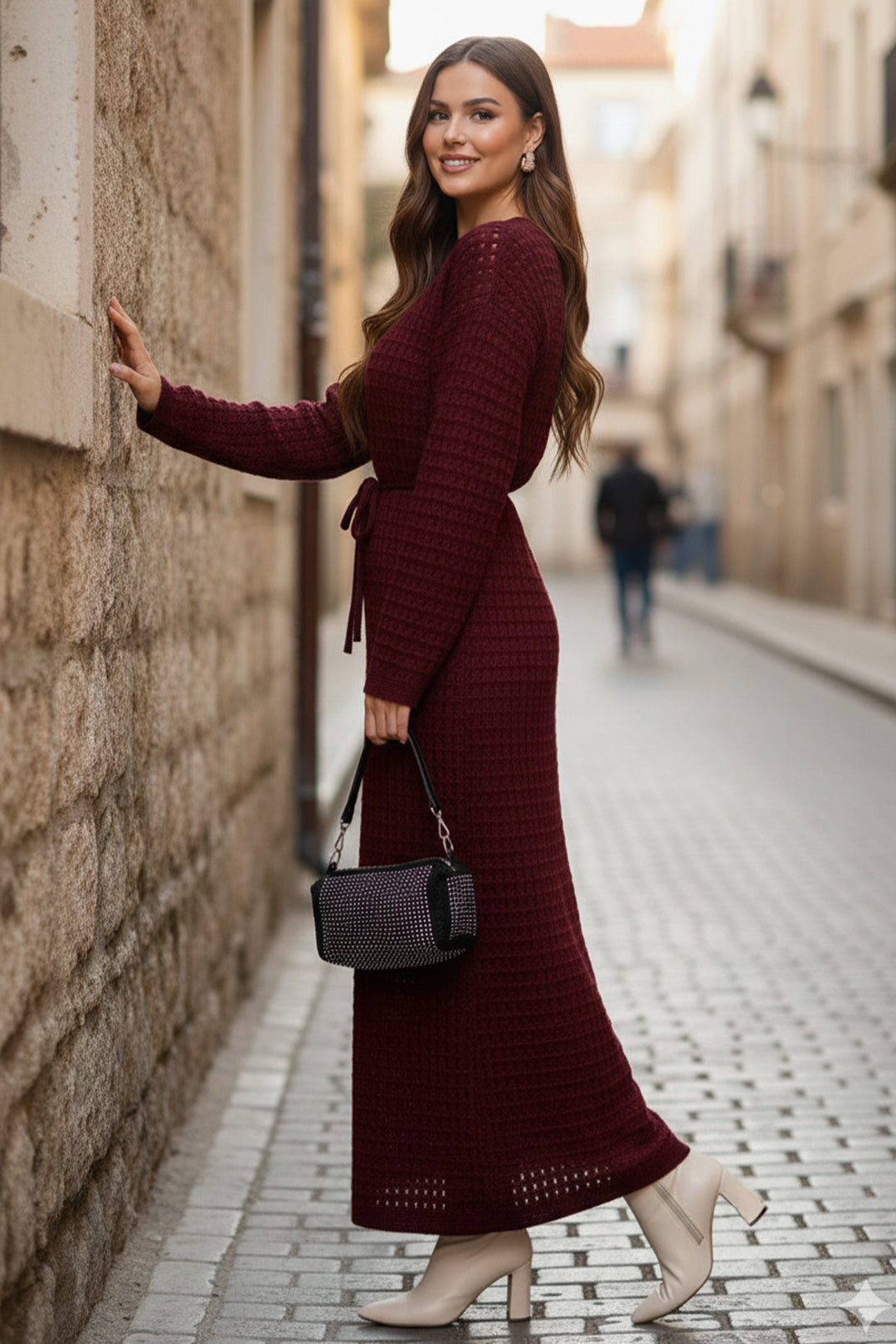 BNG Women Palmiye Fileli Triko Elbise R4448 Kırmızı - Piraeus