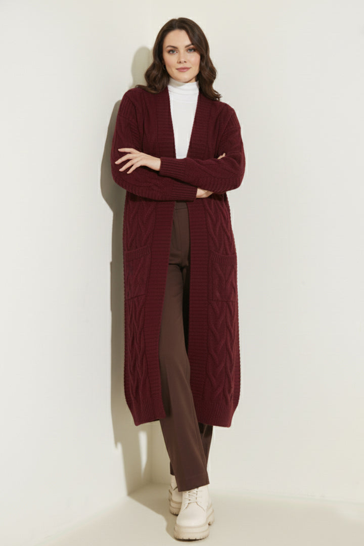 BNG Women Knitted Pattern Long Cardigan R2817 Burgundy - Livonia