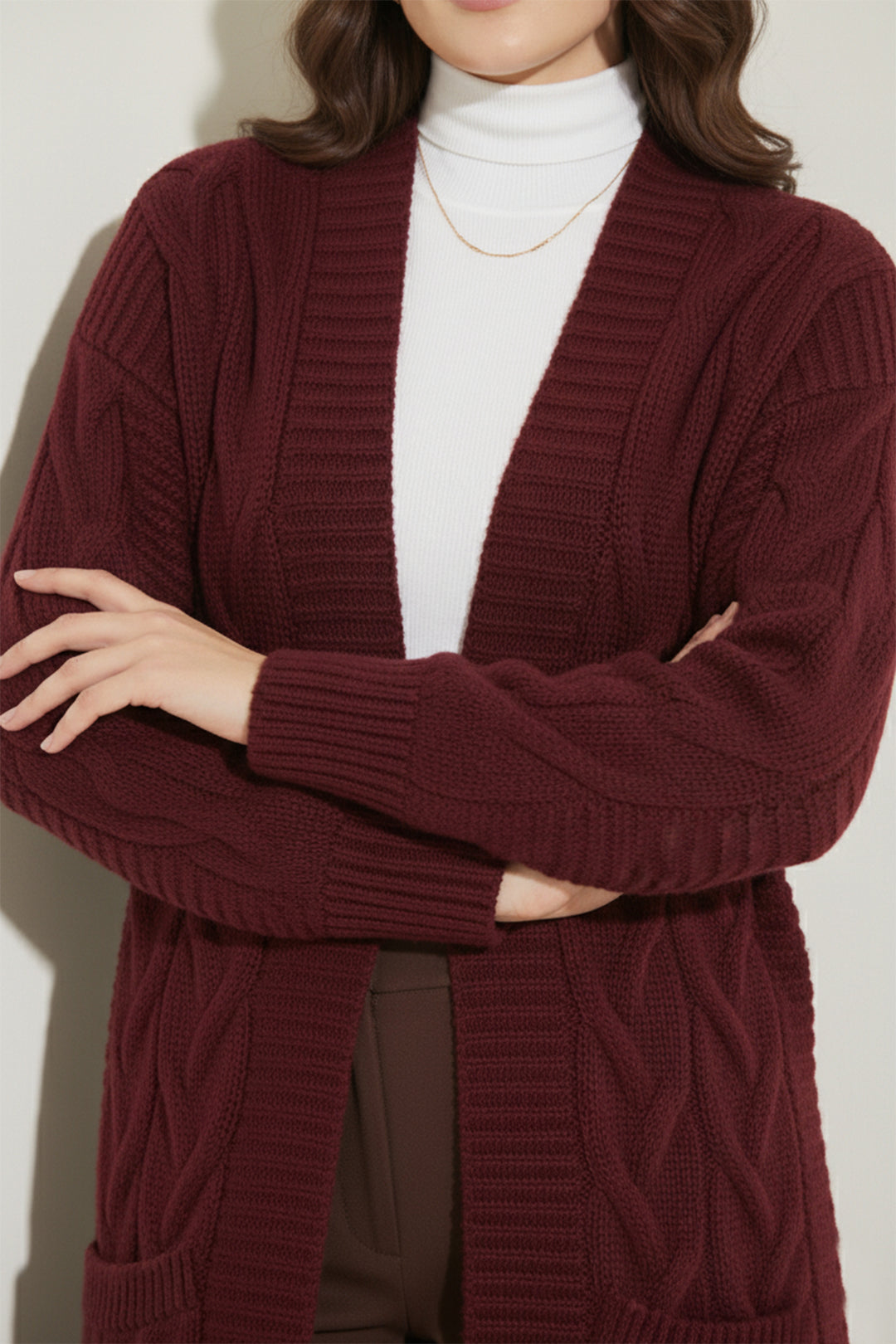 BNG Women Knitted Pattern Long Cardigan R2817 Burgundy - Livonia