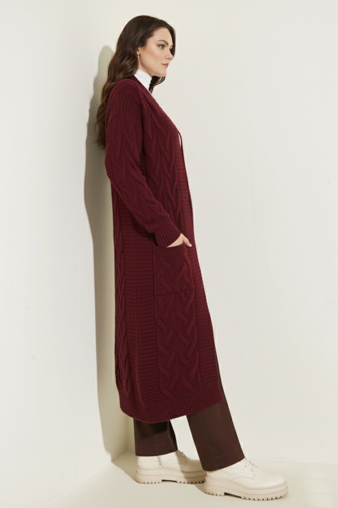 BNG Women Knitted Pattern Long Cardigan R2817 Burgundy - Livonia