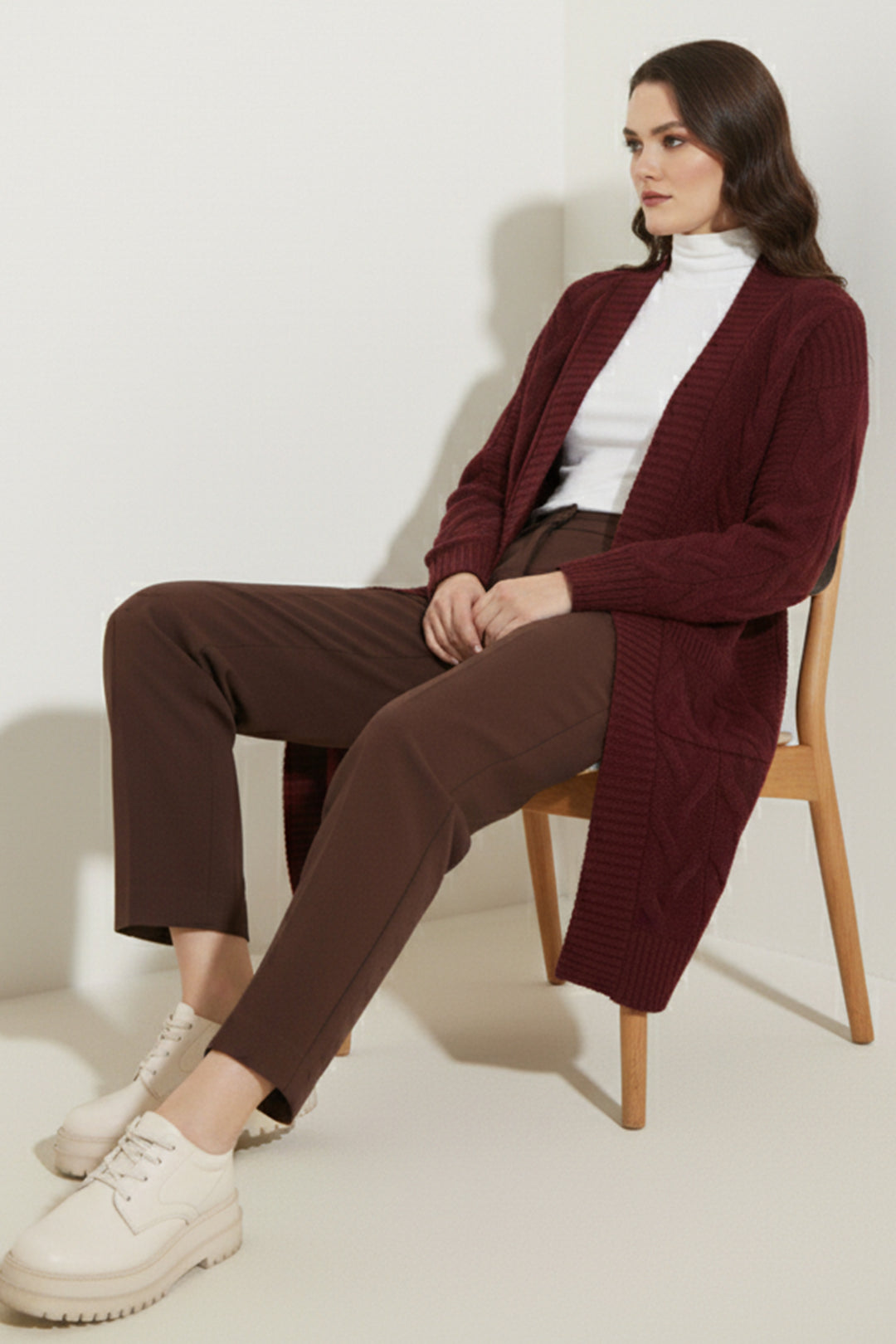 BNG Women Knitted Pattern Long Cardigan R2817 Burgundy - Livonia