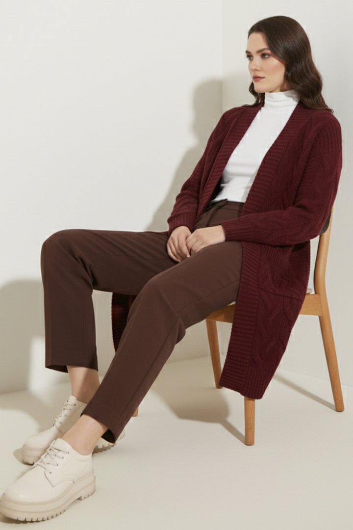 BNG Women Knitted Pattern Long Cardigan R2817 Burgundy - Livonia