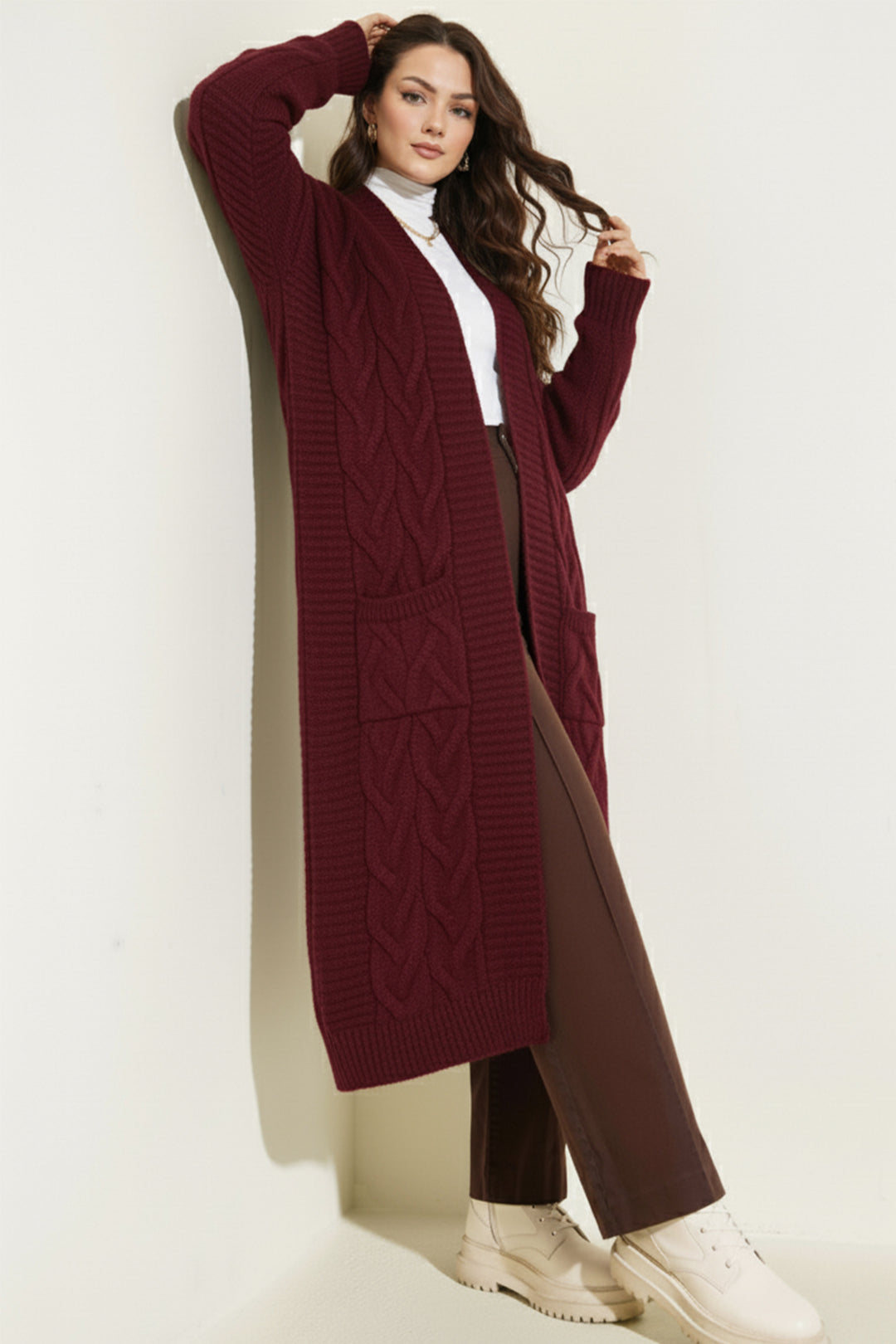 BNG Women Knitted Pattern Long Cardigan R2817 Burgundy - Livonia