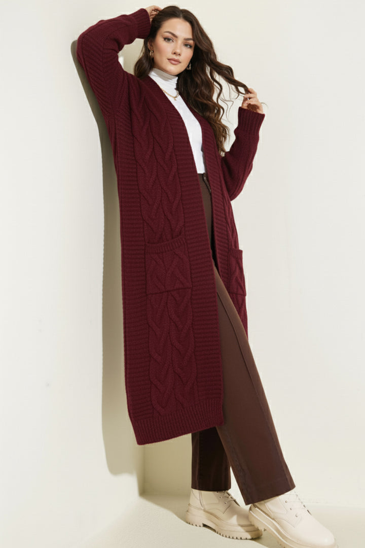 BNG Women Knitted Pattern Long Cardigan R2817 Burgundy - Livonia