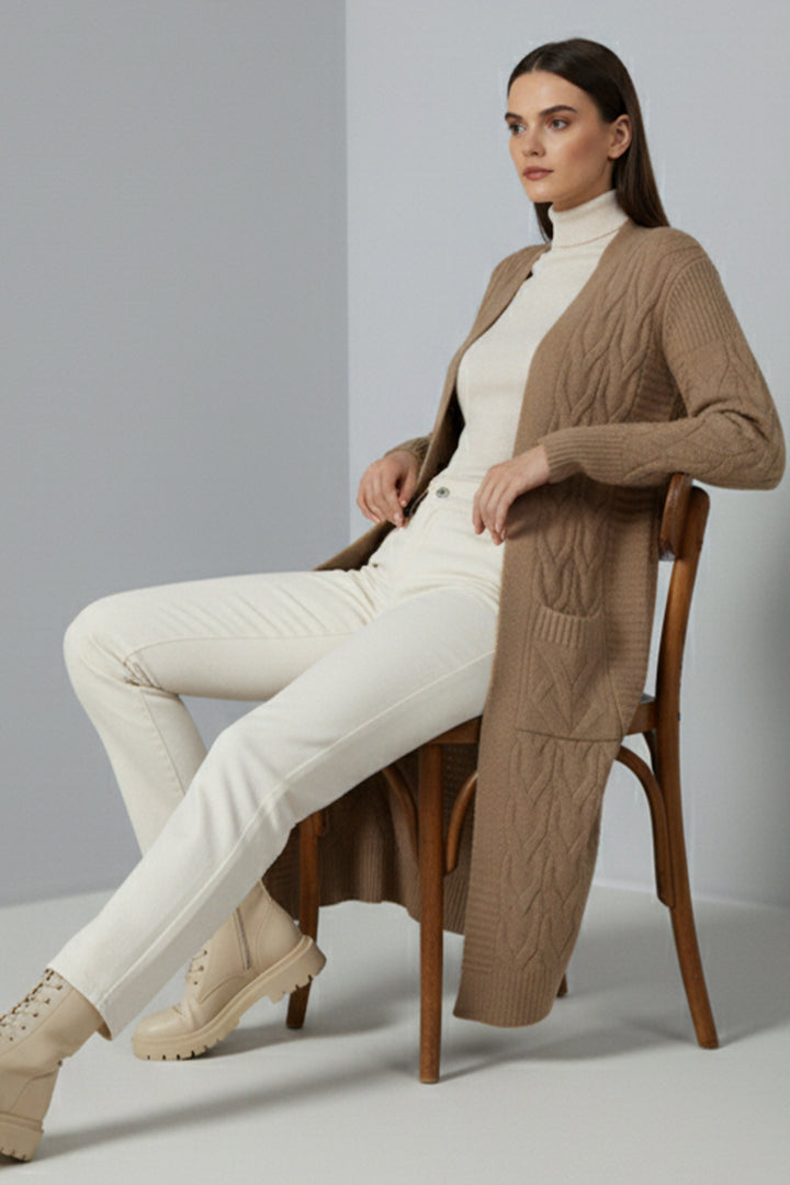 BNG Women Örgü Desenli Uzun Triko Hırka R2817 Camel - Hyde