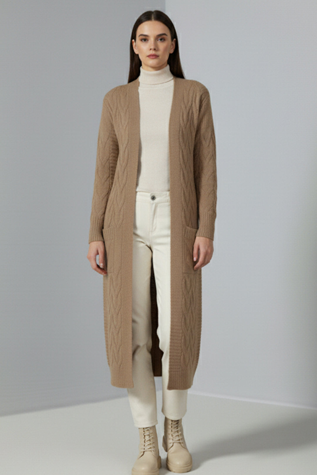 BNG Women Örgü Desenli Uzun Triko Hırka R2817 Camel - Hyde