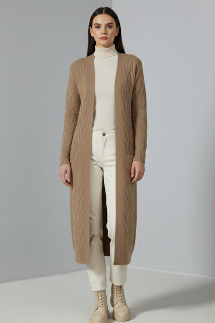 BNG Women Örgü Desenli Uzun Triko Hırka R2817 Camel - Hyde